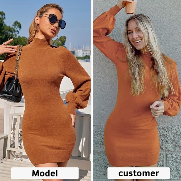NWT Orange Mock Neck Long Lantern Sleeve Bodycon Pullover Mini Sweater Dress - Picture 4 of 11